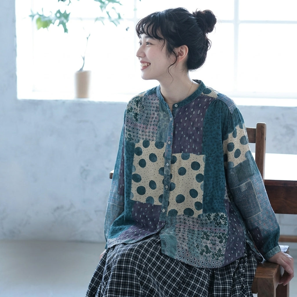 花柄 レトロ シングルブレスト スタンドネック 長袖 シャツ