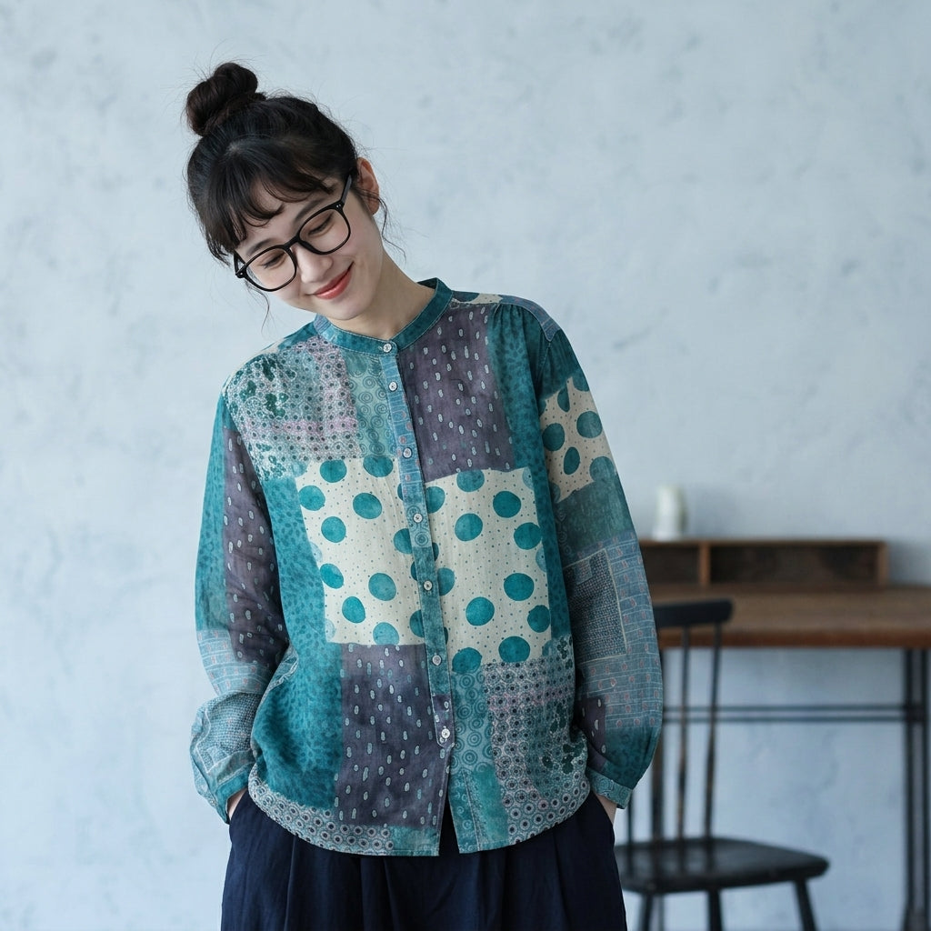 花柄 レトロ シングルブレスト スタンドネック 長袖 シャツ