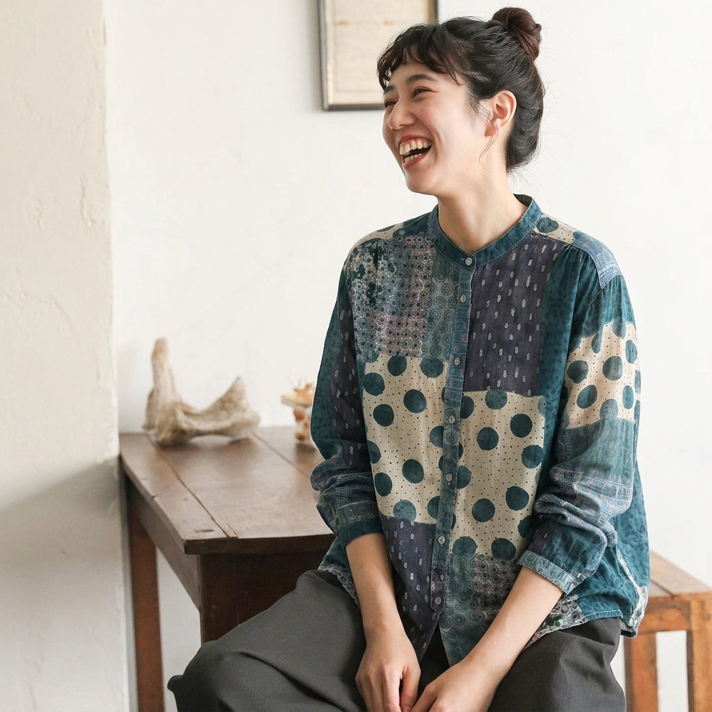 花柄 レトロ シングルブレスト スタンドネック 長袖 シャツ