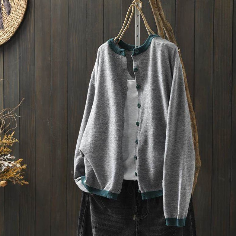 配色 シングルブレスト 長袖 カーディガン