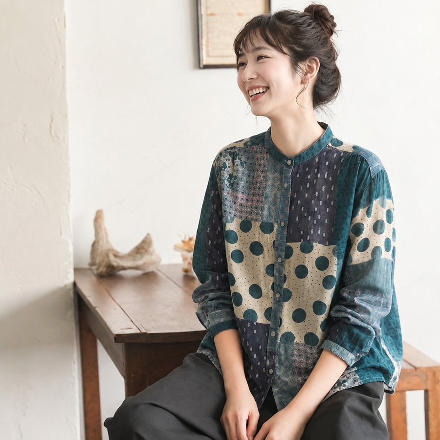 花柄 レトロ シングルブレスト スタンドネック 長袖 シャツ