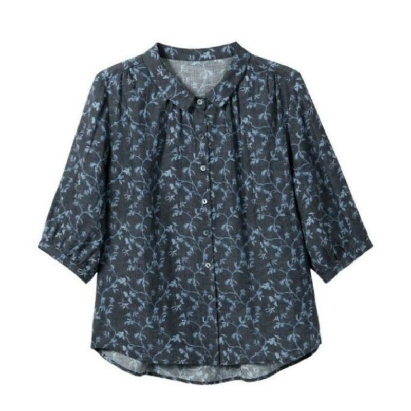 綿麻 花柄 レトロ 七分袖 シャツ