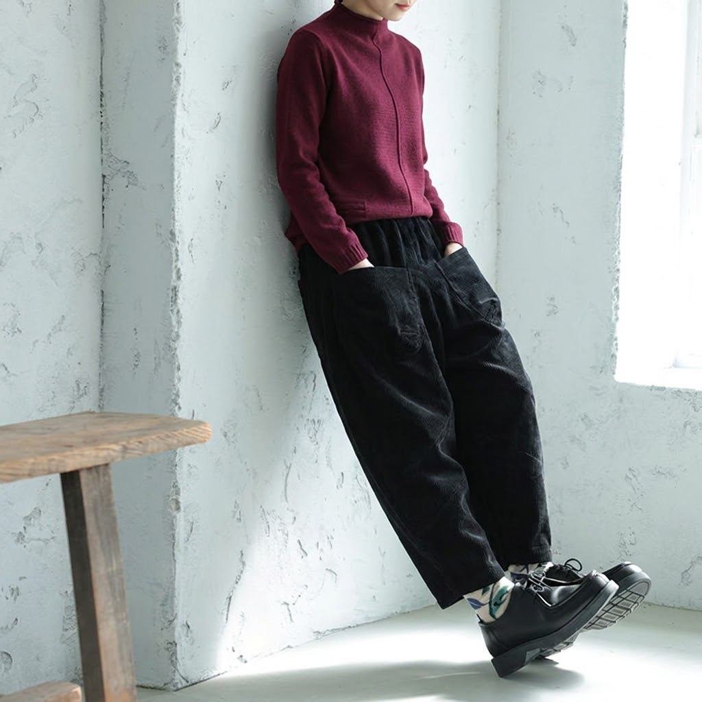 無地 コーデュロイ ロングカジュアルパンツ