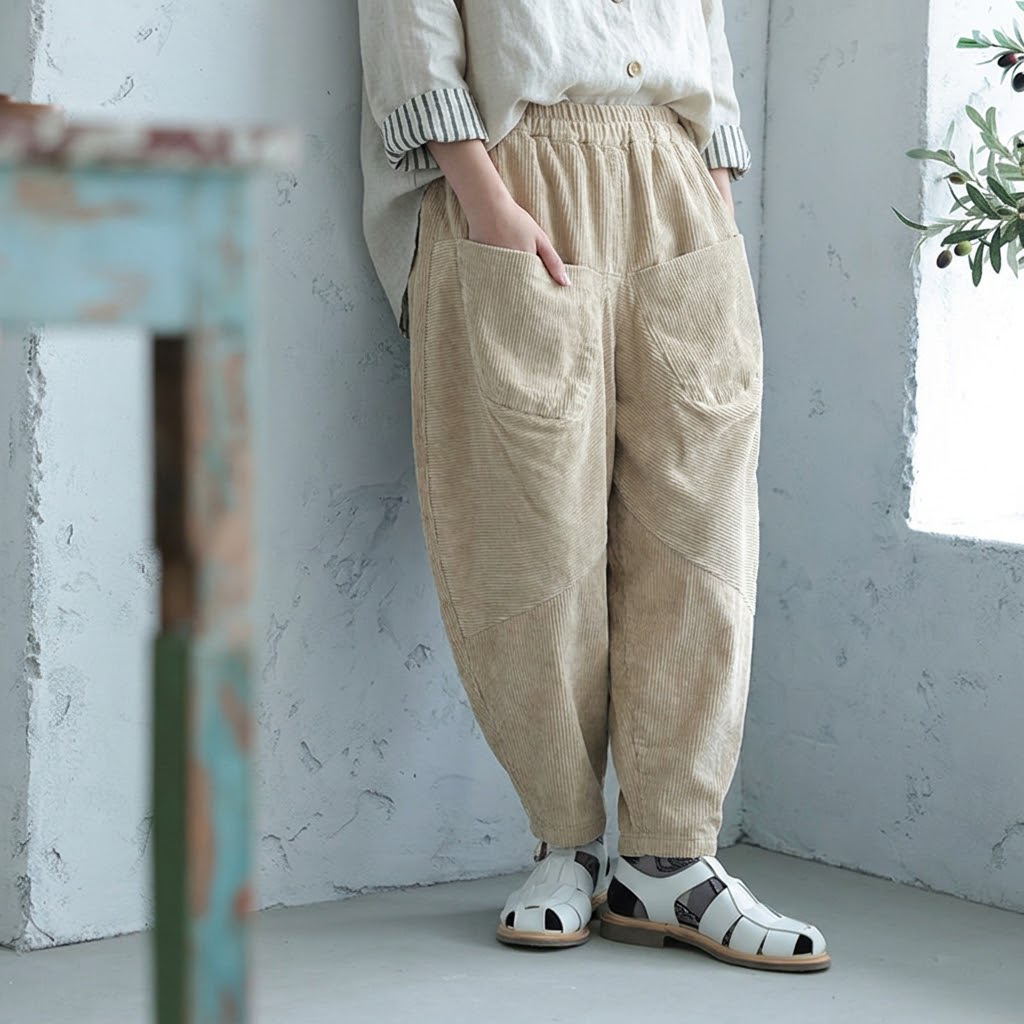 無地 コーデュロイ ロングカジュアルパンツ