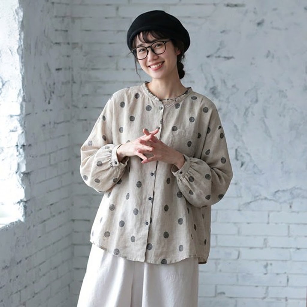 綿麻 ドット柄 長袖 シャツ