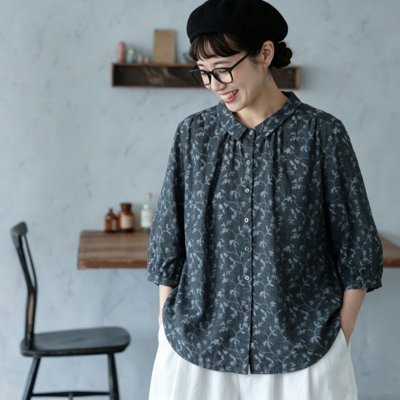 綿麻 花柄 レトロ 七分袖 シャツ