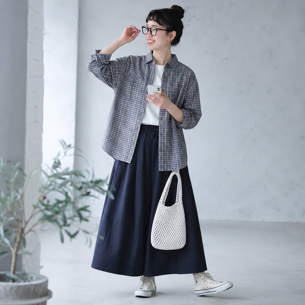 チェック柄 コットン長袖シャツ