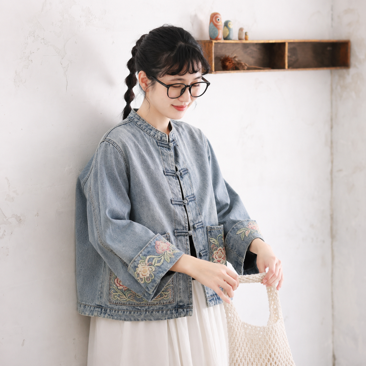 秋の街角 刺繍 デニムジャケット