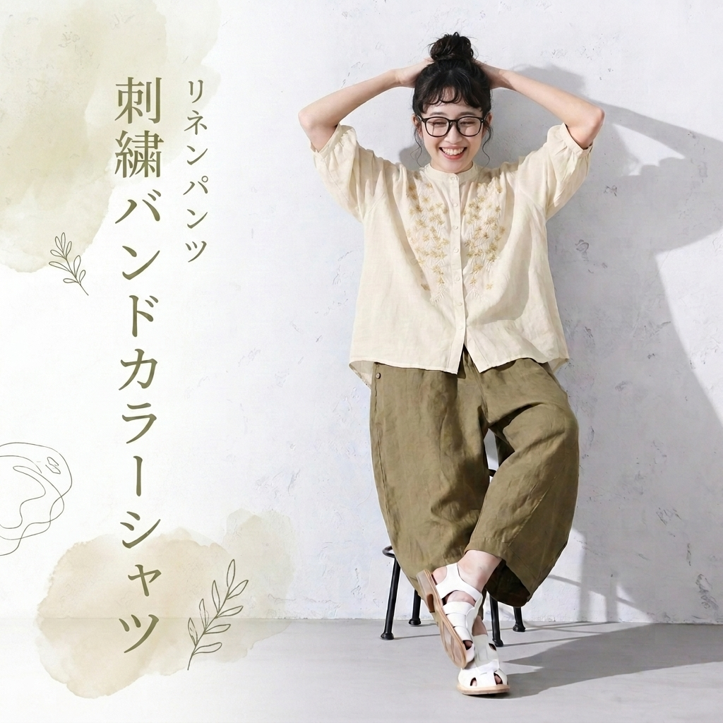 【ナチュラル】M-3XL 早い者勝ちです! ボタン 刺繍 アンクル丈（9分丈） 五分袖 ノーマルスリーブ カジュアル-イエロー トップス+オリーブグリーン【2点セット】-3XL