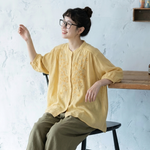 綿麻 刺繍 五分袖トップス＆アンクルパンツ 2点セット