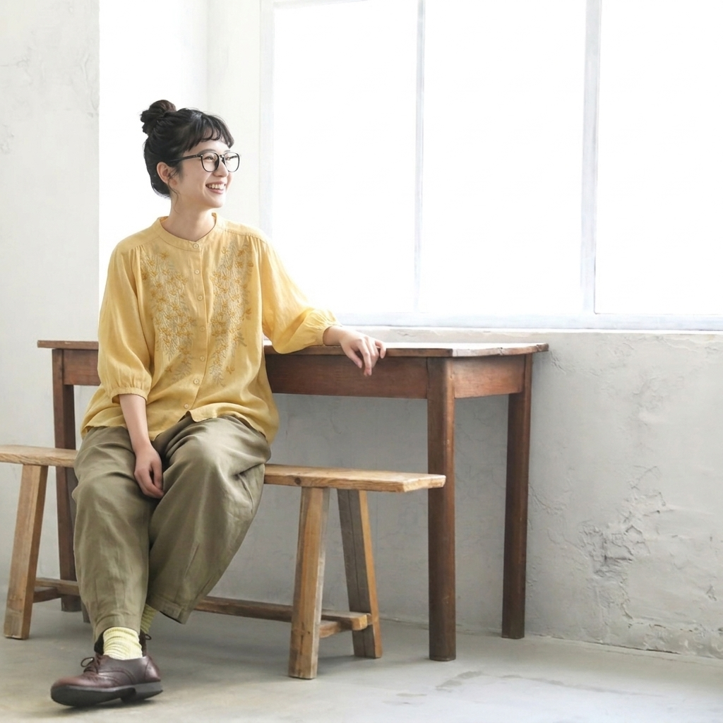 綿麻 刺繍 五分袖トップス＆アンクルパンツ 2点セット