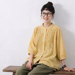 綿麻 刺繍 五分袖トップス＆アンクルパンツ 2点セット