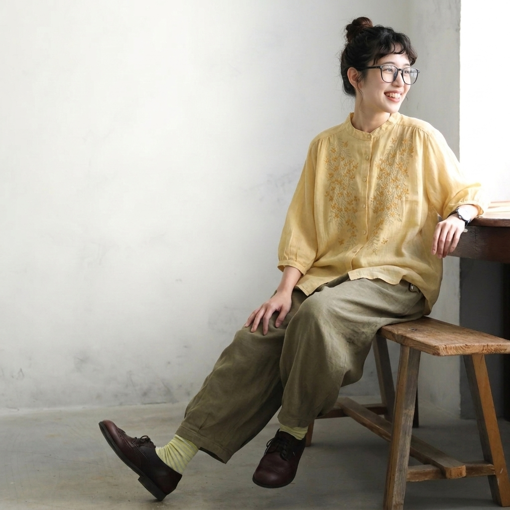 綿麻 刺繍 五分袖トップス＆アンクルパンツ 2点セット