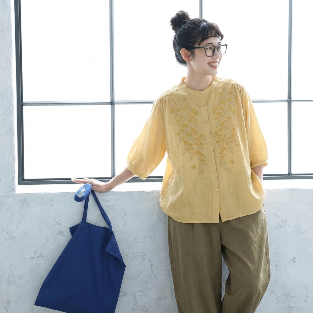 綿麻 刺繍 五分袖トップス＆アンクルパンツ 2点セット