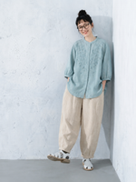 綿麻 刺繍 五分袖トップス＆アンクルパンツ 2点セット