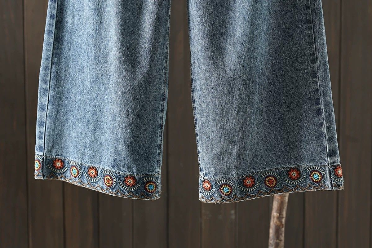 登場 刺繍 8分丈 レトロ ジーンズ