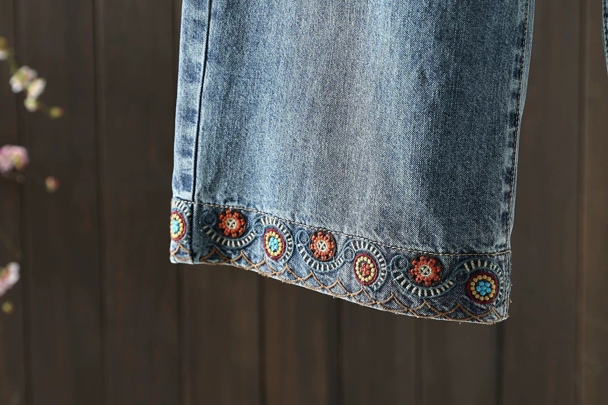 登場 刺繍 8分丈 レトロ ジーンズ