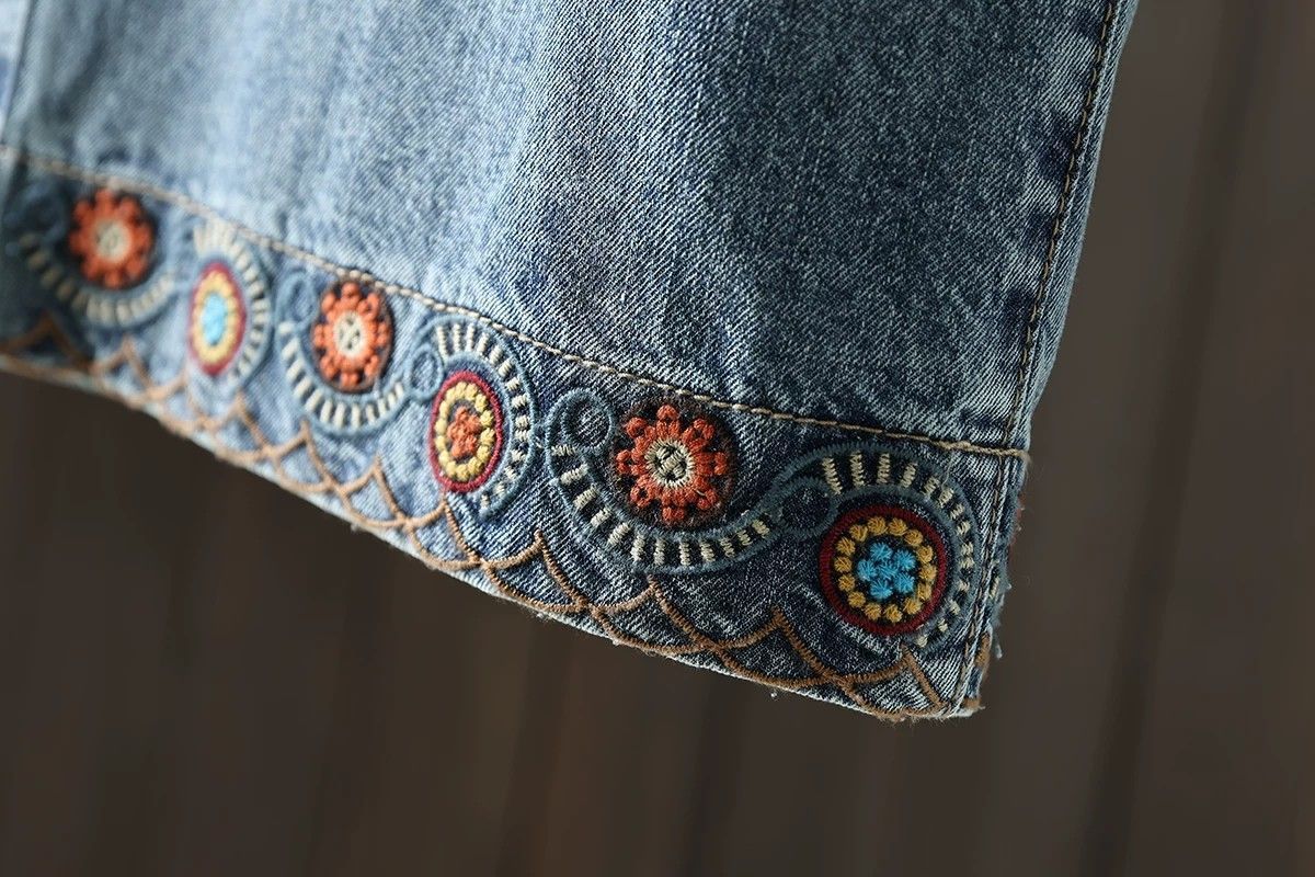 登場 刺繍 8分丈 レトロ ジーンズ