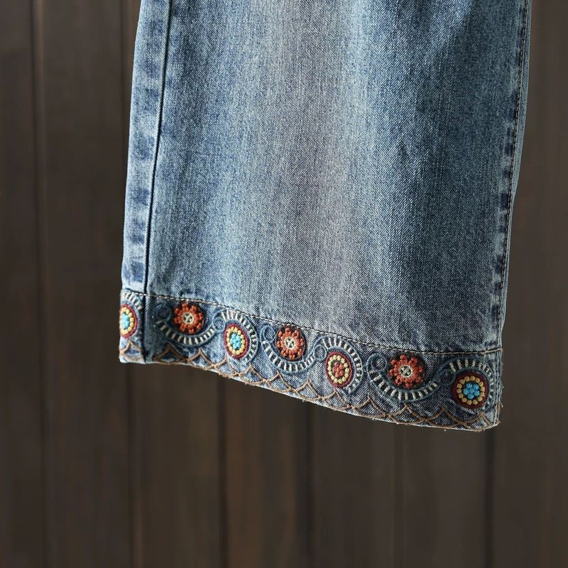 登場 刺繍 8分丈 レトロ ジーンズ