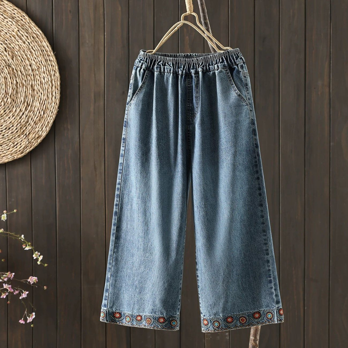 登場 刺繍 8分丈 レトロ ジーンズ