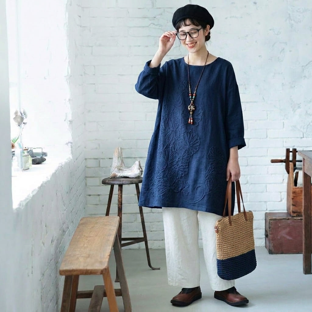 S～5XL 綿麻 刺繍ワンピース
