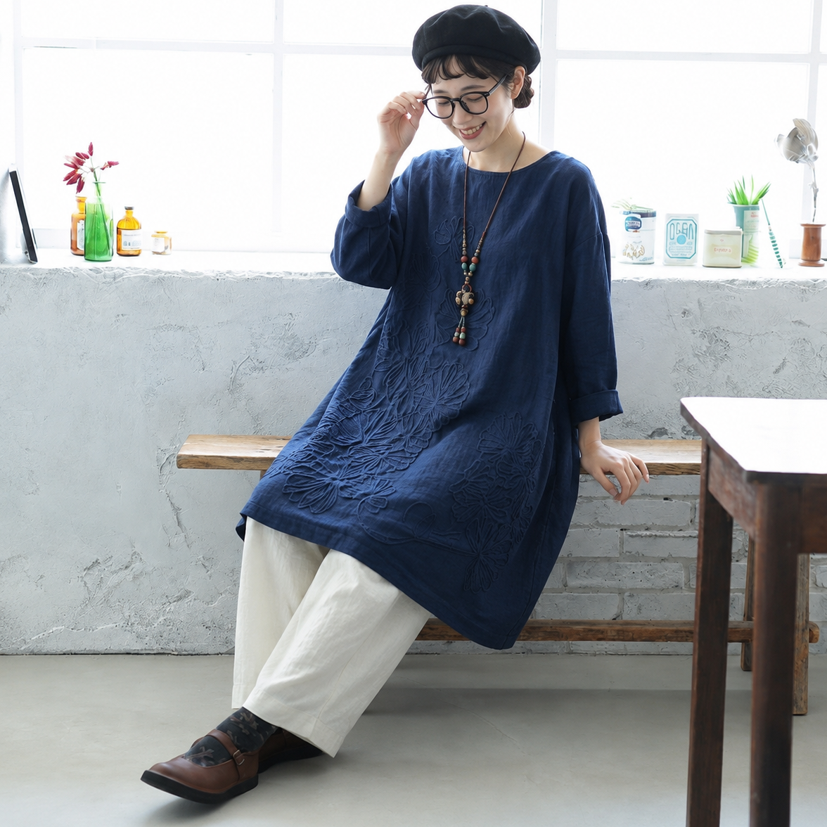 S～5XL 綿麻 刺繍ワンピース