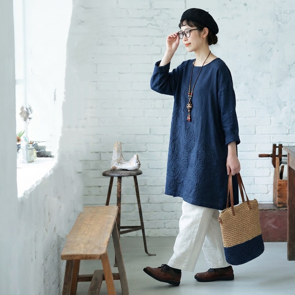 S～5XL 綿麻 刺繍ワンピース