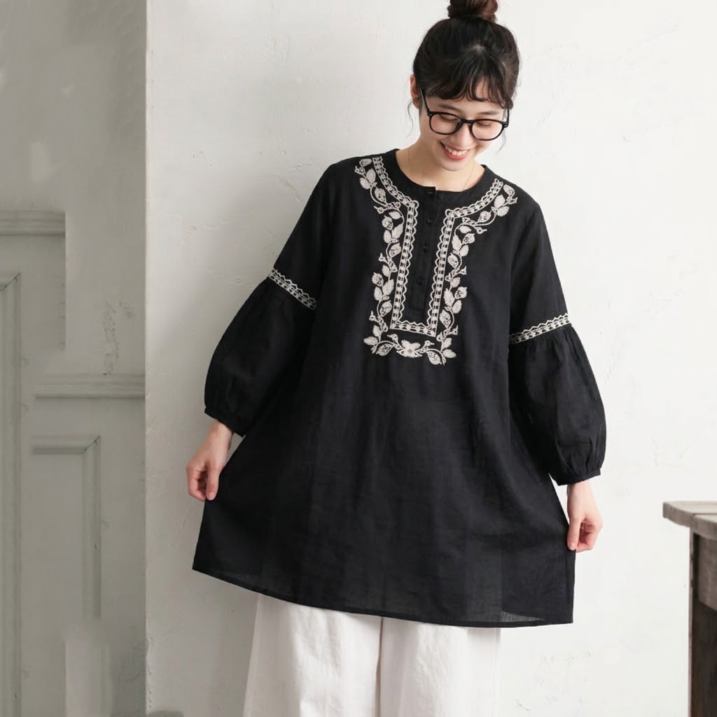 棉混 刺繍 ランタンスリーブ 無地 花模様 レトロ チュニック