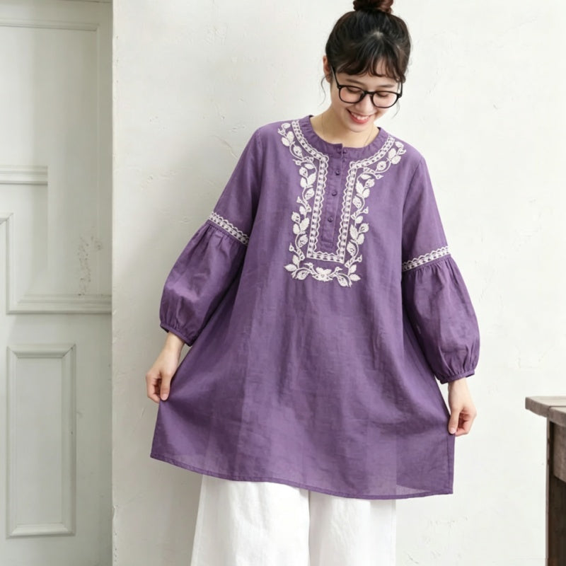 棉混 刺繍 ランタンスリーブ 無地 花模様 レトロ チュニック