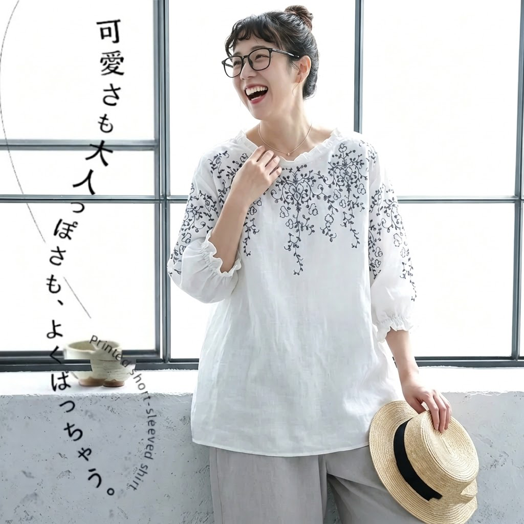 M～4XL 綿麻 ラウンドネック 五分袖 プリント Tシャツ