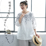 M～4XL 綿麻 ラウンドネック 五分袖 プリント Tシャツ