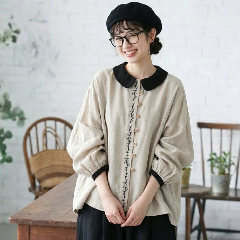 コットン 刺繍 長袖 無地 シャツ