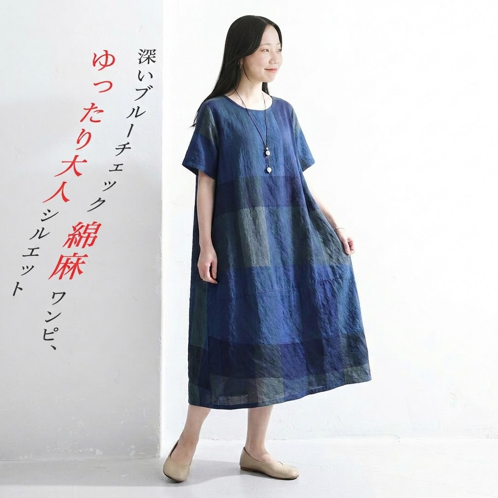 綿麻 チェック柄 Aライン 半袖 半袖ワンピース