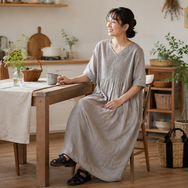 リネン 袖あり Vネック 五分袖 Aライン なみなみタック 着心地が良い ワンピース
