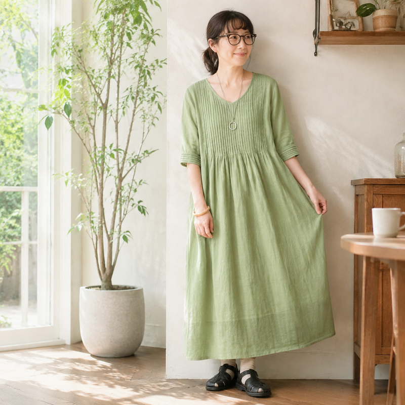 リネン 袖あり Vネック 五分袖 Aライン なみなみタック 着心地が良い ワンピース