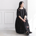 リネン 刺繍 丸首 半袖 Aライン ワンピース