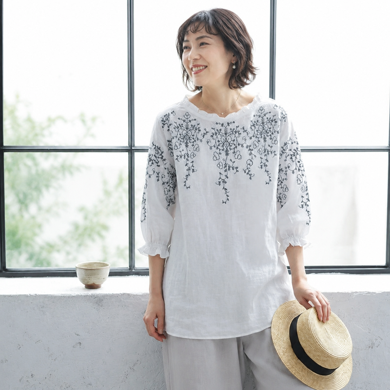 M～4XL 綿麻 ラウンドネック 五分袖 プリント Tシャツ