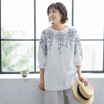 M～4XL 綿麻 ラウンドネック 五分袖 プリント Tシャツ