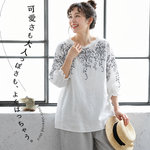 M～4XL 綿麻 ラウンドネック 五分袖 プリント Tシャツ