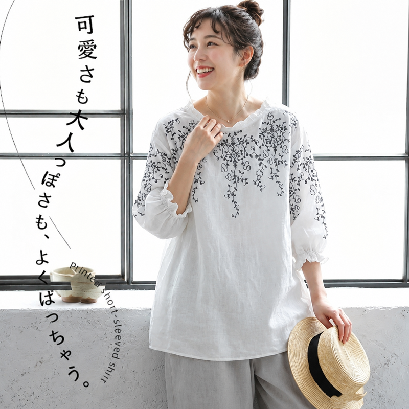 M～4XL 綿麻 ラウンドネック 五分袖 プリント Tシャツ
