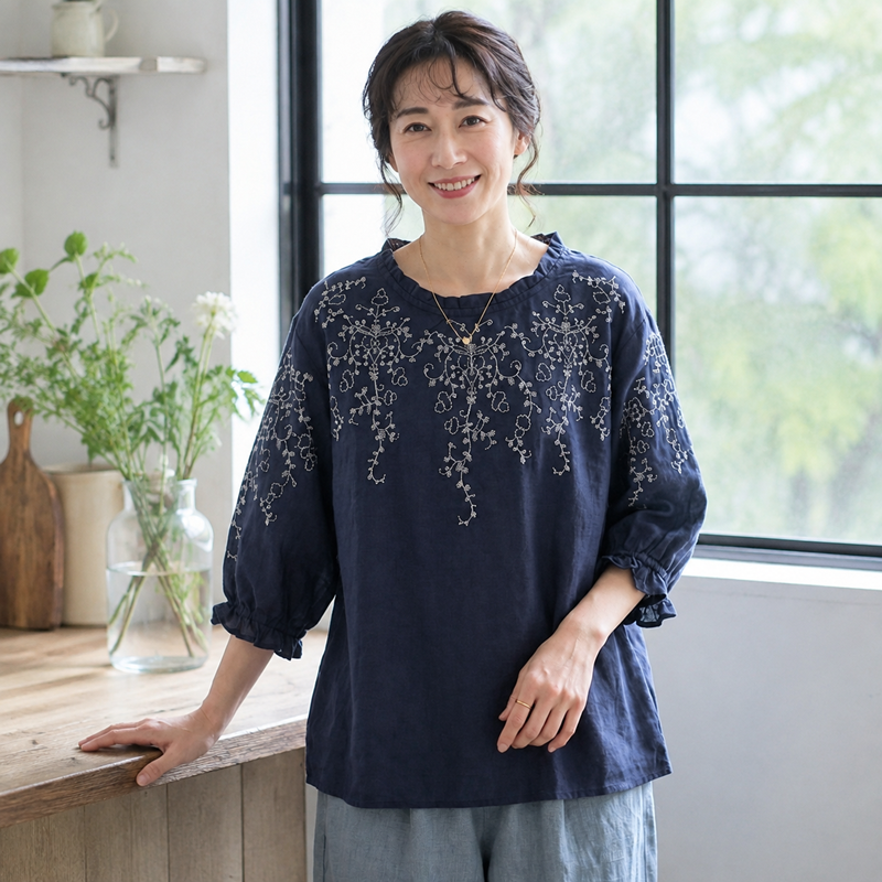 M～4XL 綿麻 ラウンドネック 五分袖 プリント Tシャツ