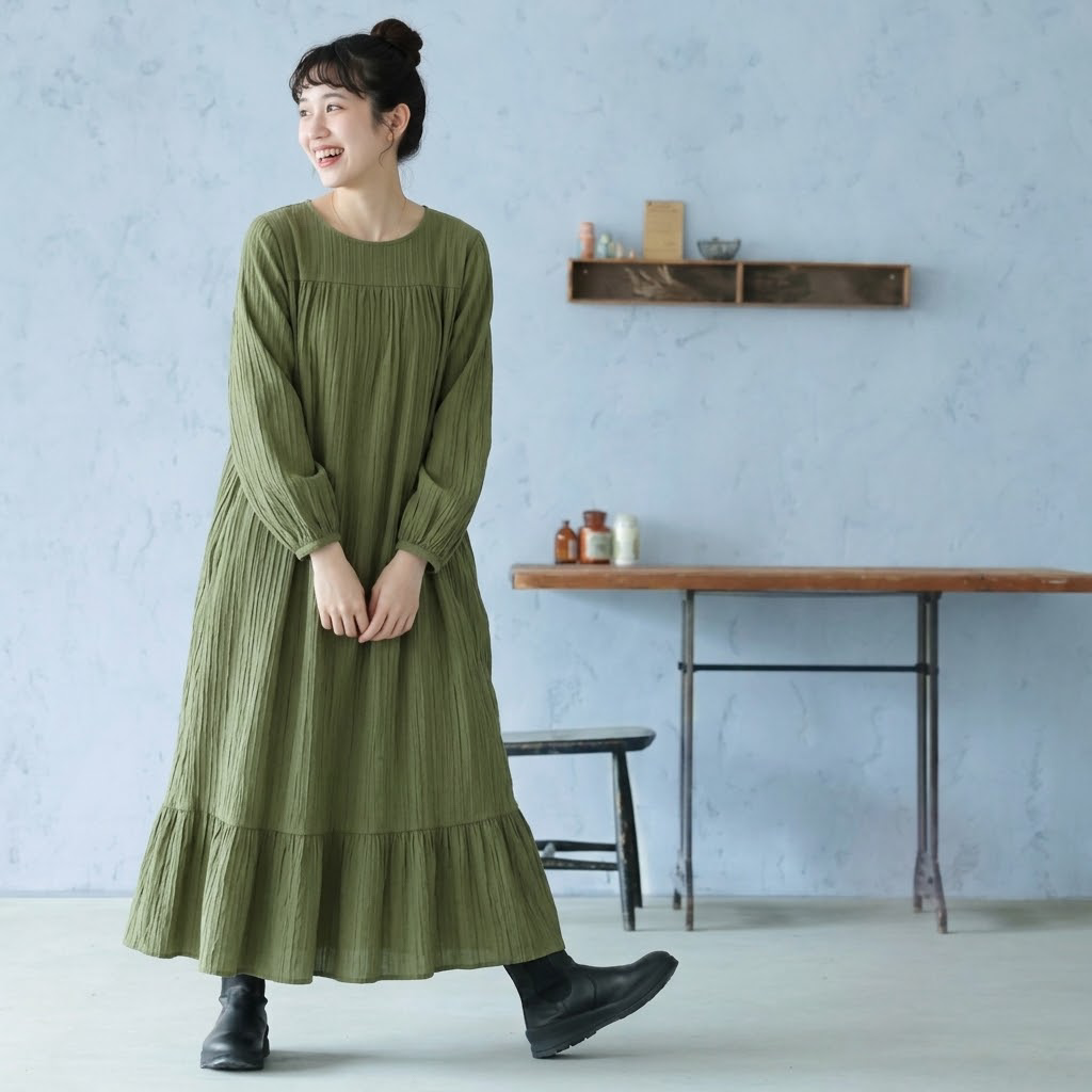 S～5XL レトロ 無地 長袖 バルーンスリーブ ワンピース