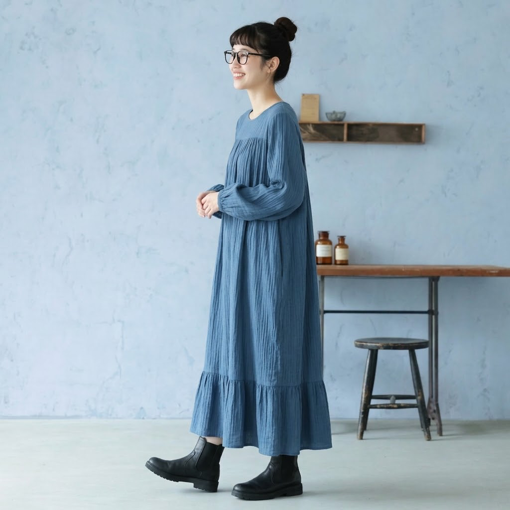 S～5XL レトロ 無地 長袖 バルーンスリーブ ワンピース