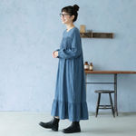 S～5XL レトロ 無地 長袖 バルーンスリーブ ワンピース