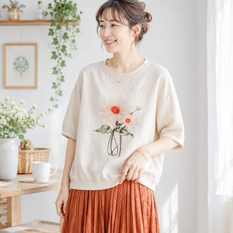 リネン プリント ラウンドネック ドルマンスリーブ 花模様 五分袖 Tシャツ