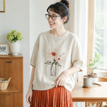 リネン プリント ラウンドネック ドルマンスリーブ 花模様 五分袖 Tシャツ