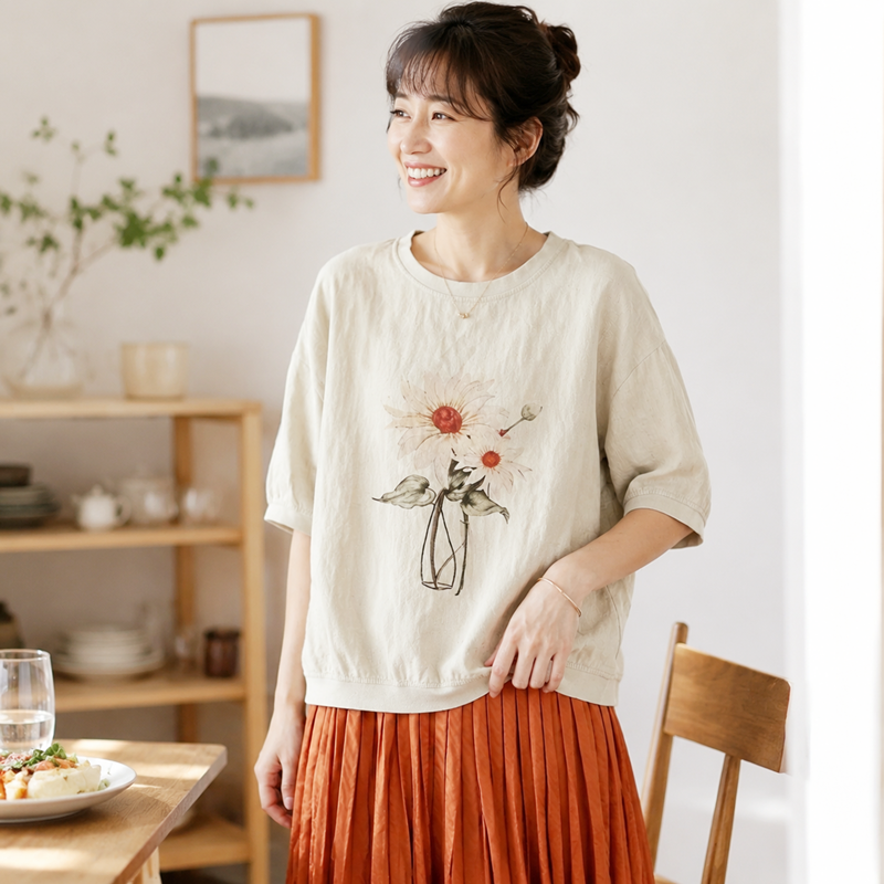 リネン プリント ラウンドネック ドルマンスリーブ 花模様 五分袖 Tシャツ
