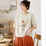 リネン プリント ラウンドネック ドルマンスリーブ 花模様 五分袖 Tシャツ