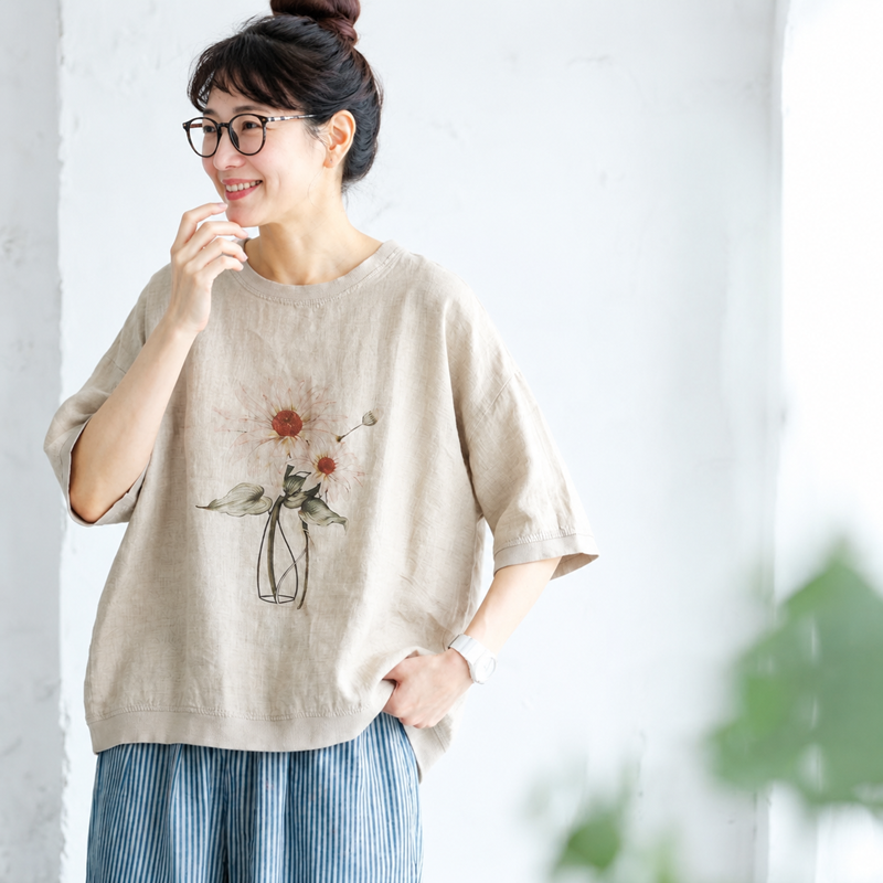 リネン プリント ラウンドネック ドルマンスリーブ 花模様 五分袖 Tシャツ