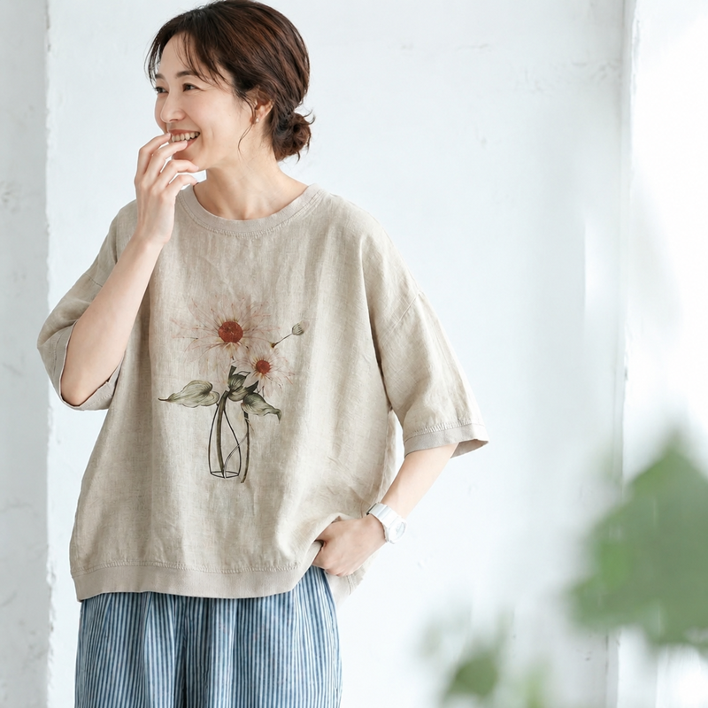リネン プリント ラウンドネック ドルマンスリーブ 花模様 五分袖 Tシャツ
